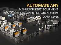 Graphic of an automated laboratory production line with multiple connected machines and the headline “Automate Any Manufacturer’s Equipment, Line Type & Size, Any Section, To Any Level.