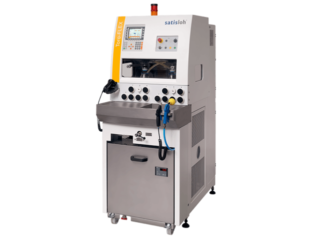 Compact automated machine with front control panel and enclosed chamber for lens processing.