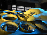 Gloved hand placing optical lenses into a circular holder inside a coating machine.