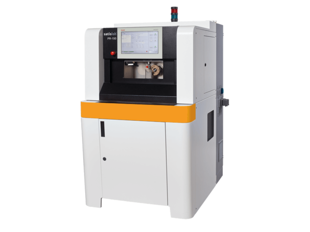 Frontal view of Satisloh PR-150 grinding machine for prisms used in precision optics manufacturing.