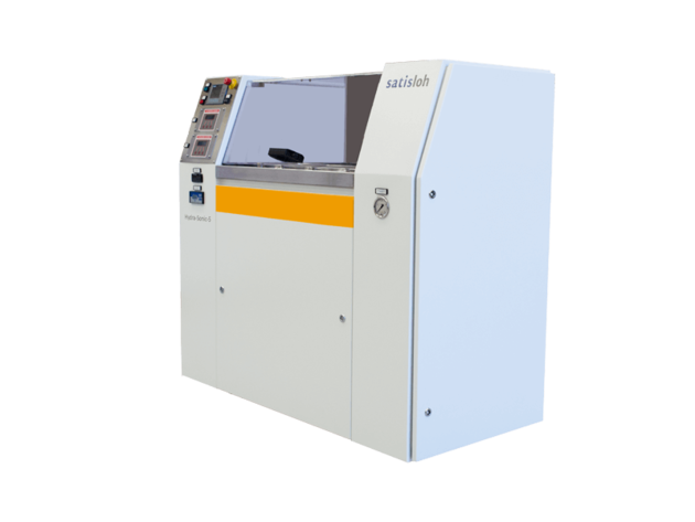 Compact industrial machine with control panel and protective cover used in semiconductor processing.