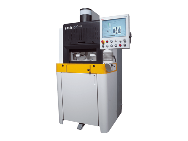 Industrial laboratory testing machine with touchscreen control and enclosed chamber.