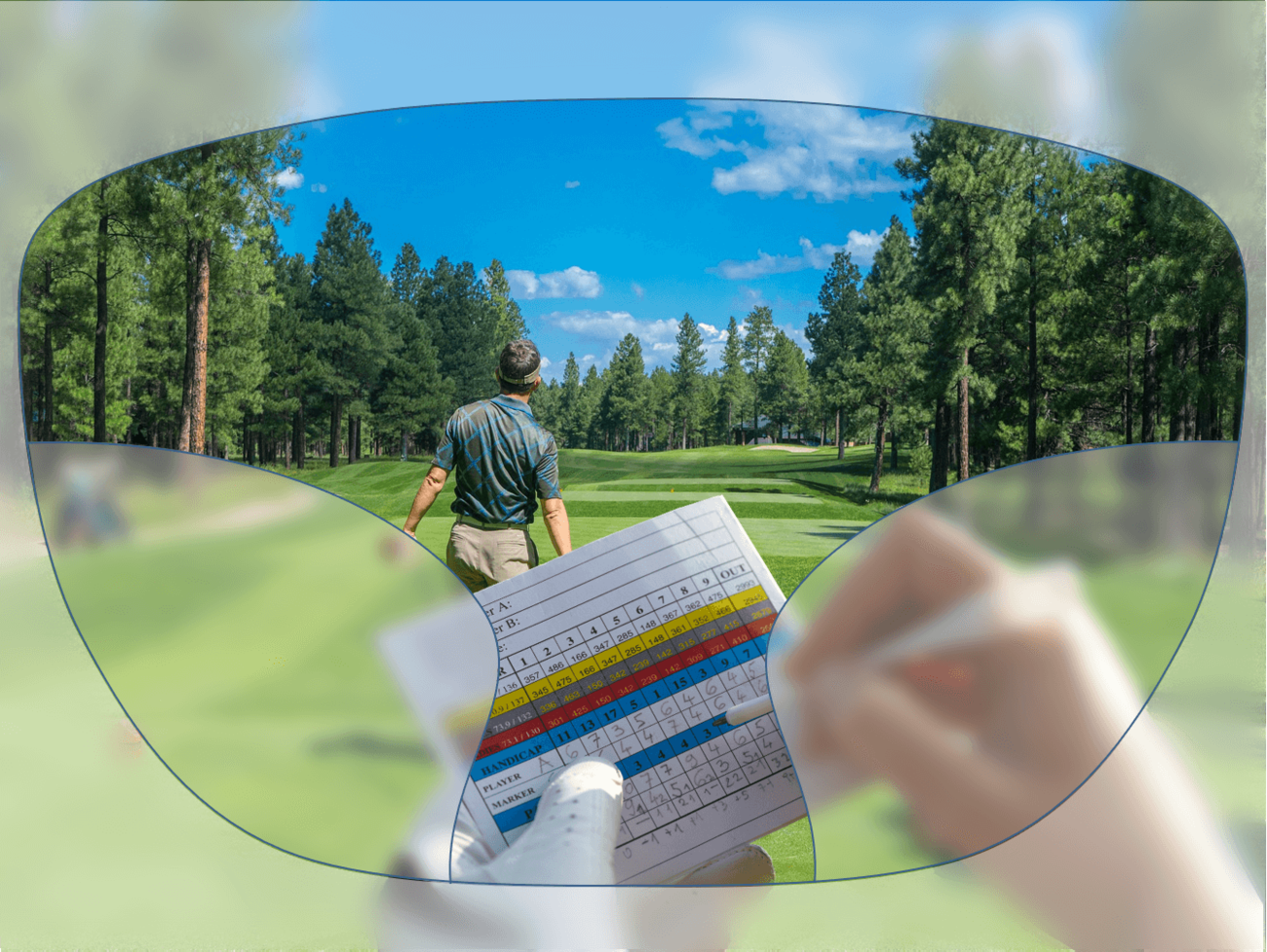 View through a pair of glasses showing a person on a golf course, with a hand holding a scorecard in the foreground.