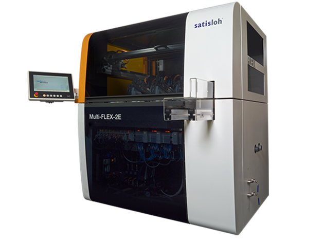 Automated industrial machine with side touchscreen monitor and enclosed working area for precision manufacturing.