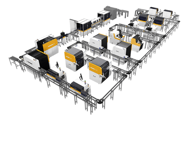 Large automated laboratory production line with multiple connected machines and conveyor systems.