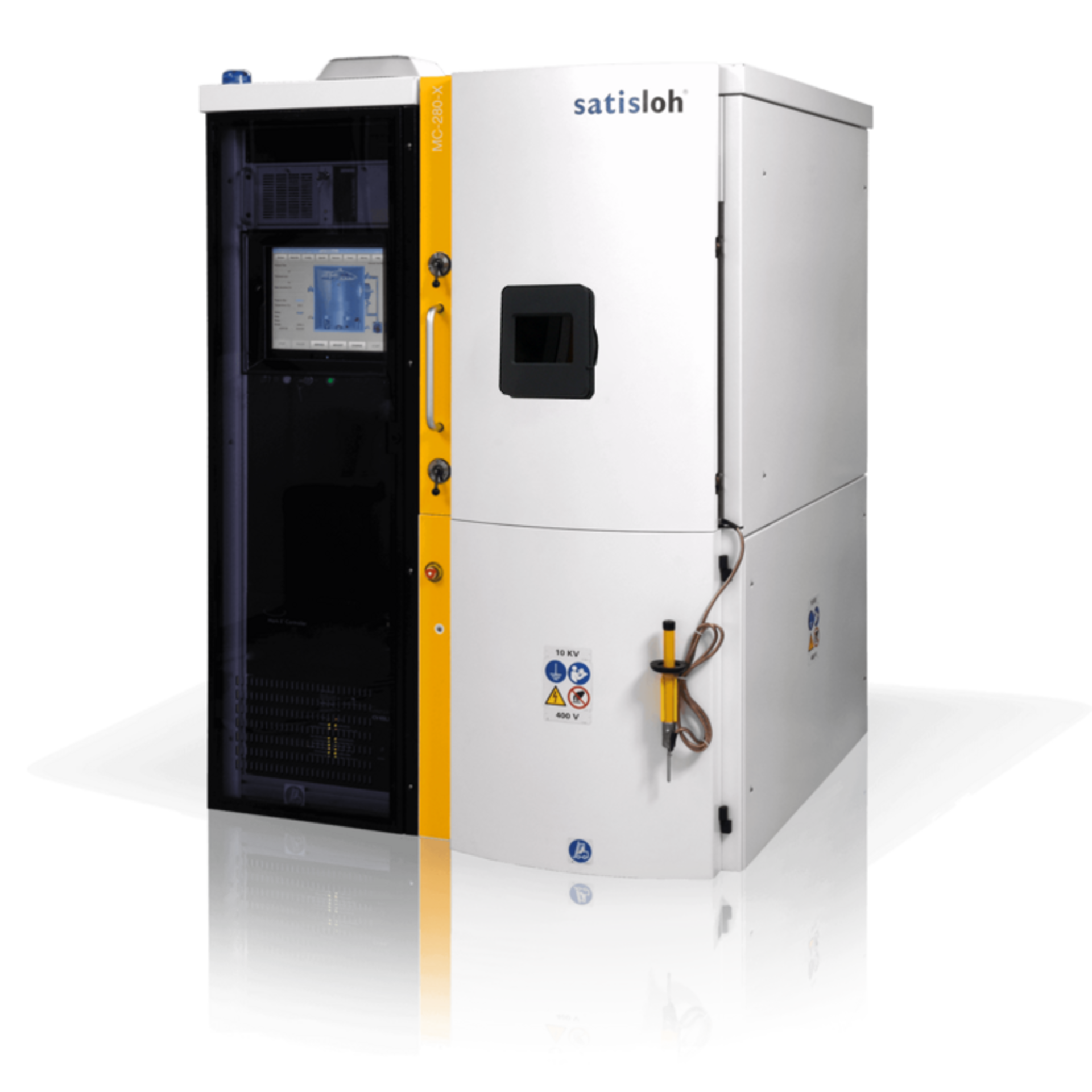 Large industrial coating machine with control panel and access door, used in optical manufacturing.