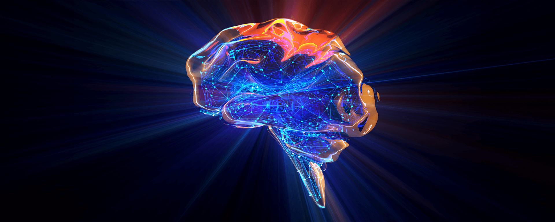 Stylized digital artwork of a glowing brain with blue and orange light effects on a dark background.