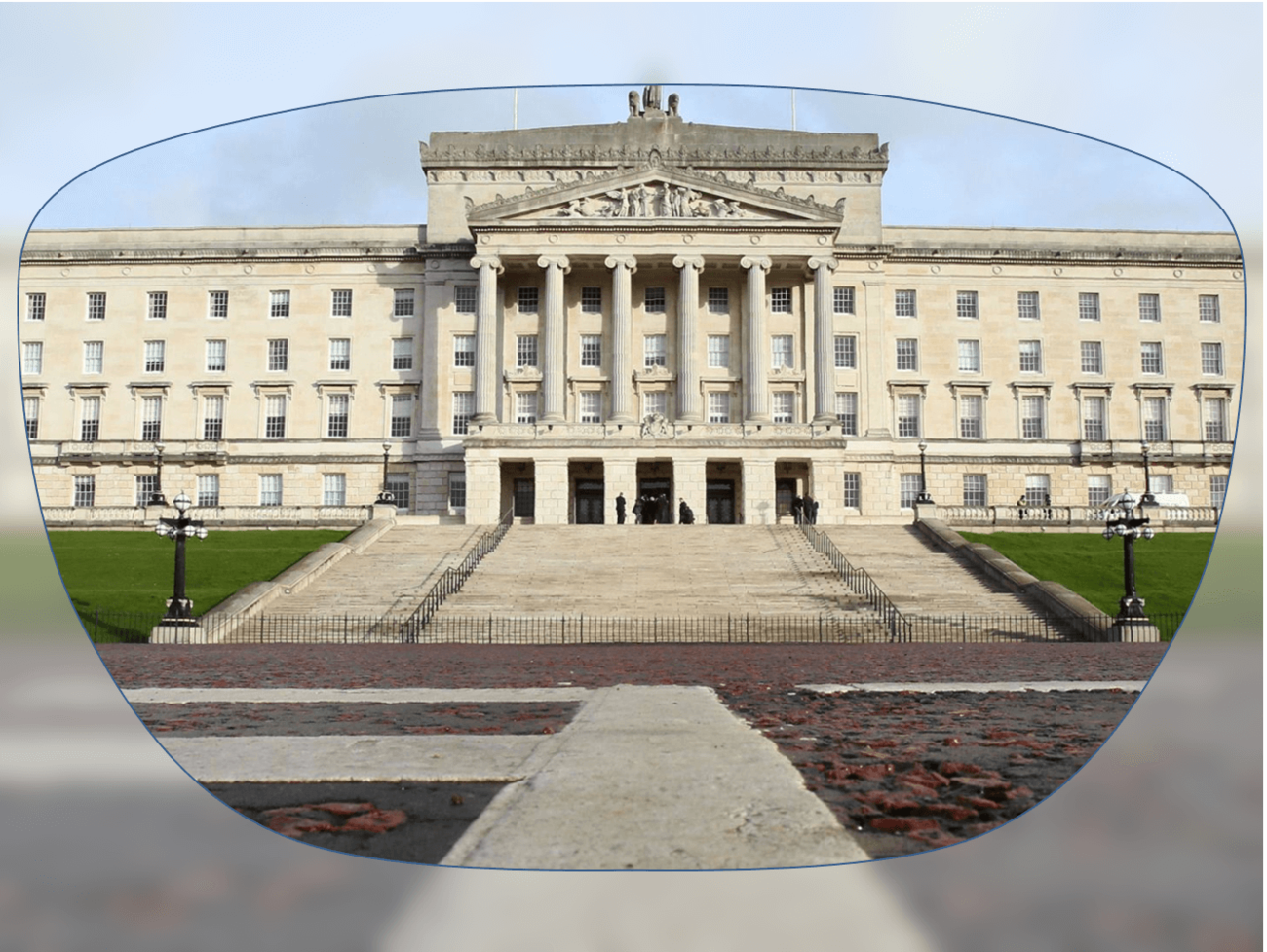 View through a pair of glasses showing a large neoclassical government building with columns and wide stone steps.