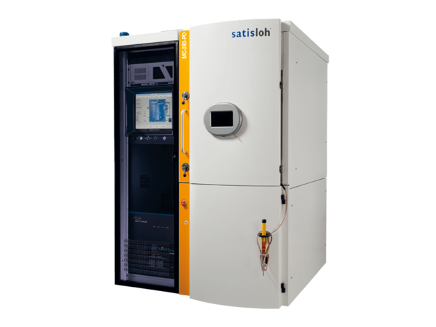 Tall industrial control cabinet with display screen and closed compartments