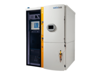 Tall industrial control cabinet with display screen and closed compartments