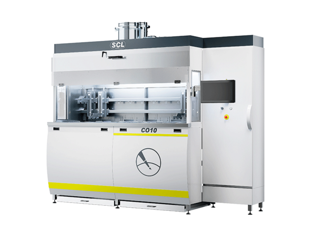 Semiconductor manufacturing machine with enclosed chamber, transparent window, and integrated ventilation system.