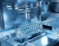 Semiconductor wafers arranged in a holder inside an automated processing chamber with metallic surfaces.