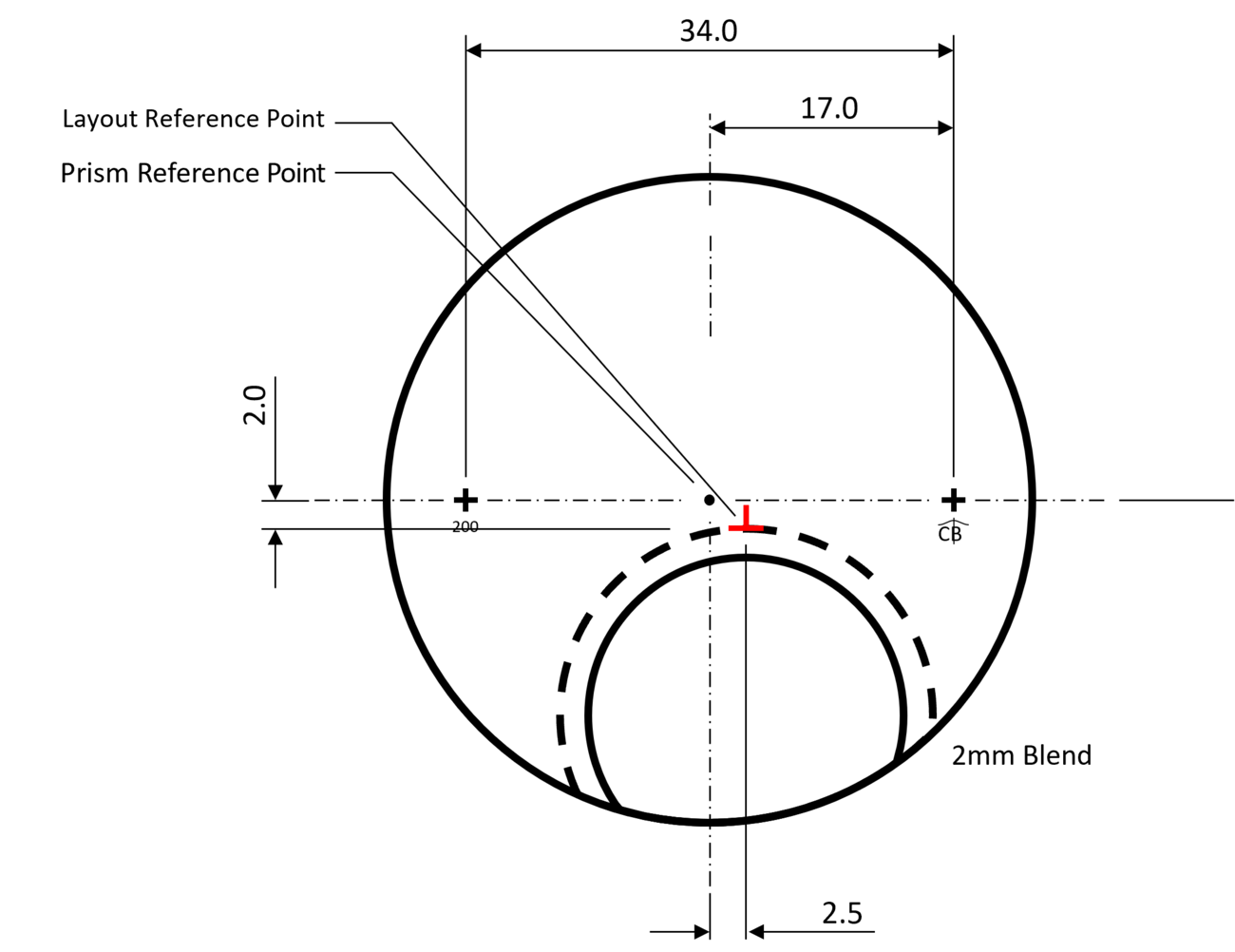 Black image with a small red T-shaped symbol in the center.
