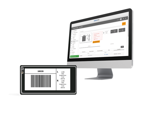 Computer monitor and tablet displaying laboratory management software with barcode and sample information.