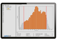 Tablet screen displaying analytics dashboard with orange bar chart