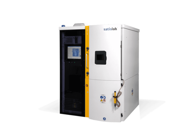 Industrial vacuum coating machine with touchscreen control panel, used for optical lens production.