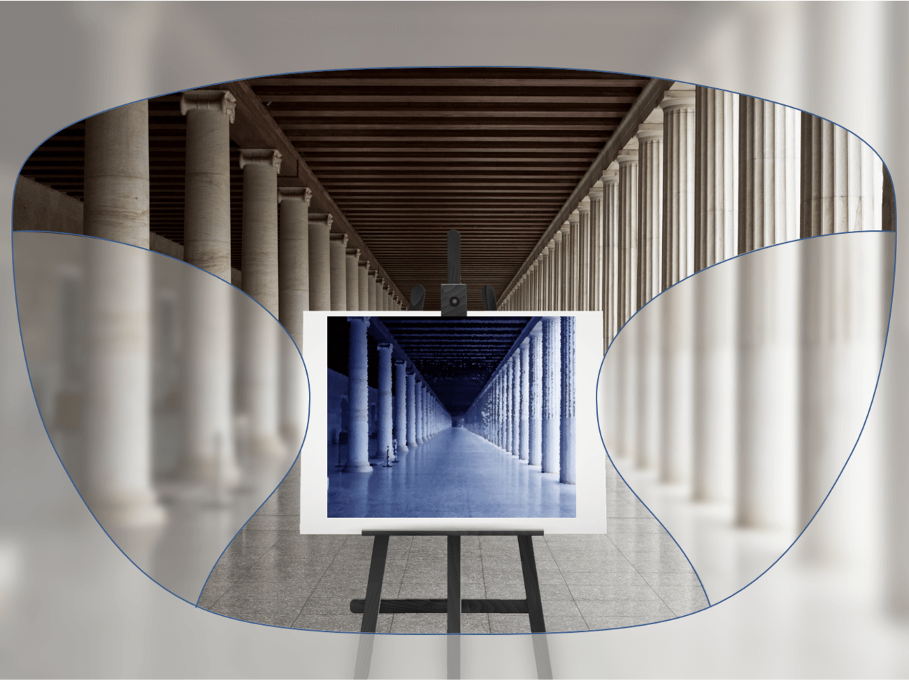 View through a pair of glasses showing a hall with tall columns, focused on a framed picture of the same hallway placed on an easel.
