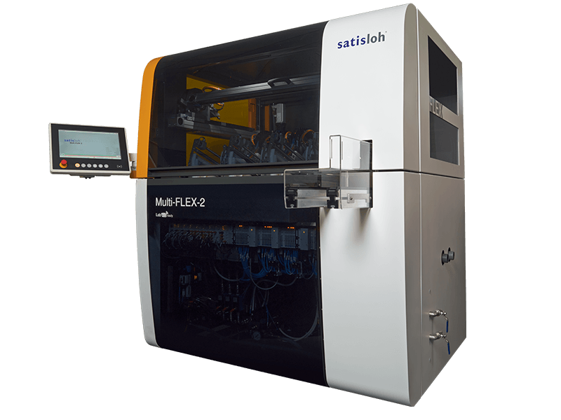 Satisloh Multi-FLEX 2 freeform lens manufacturing machine displayed on a white background, designed for high-precision surfacing and polishing of ophthalmic lenses.