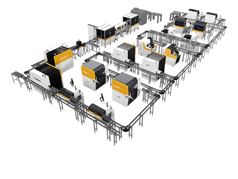 Large automated laboratory production line with multiple connected machines and conveyor systems.
