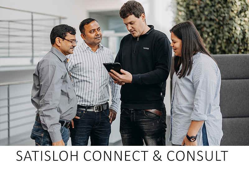 Group of four people standing together, discussing around a tablet, with text 'Satisloh Connect & Consult