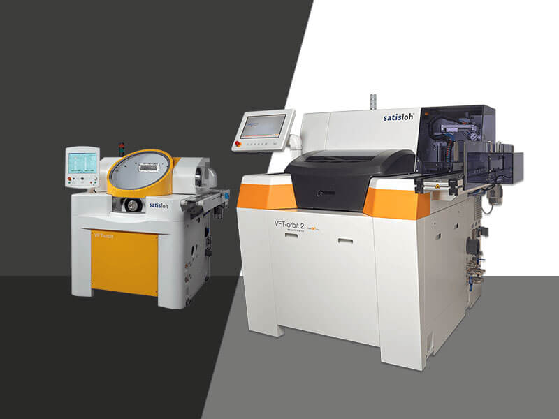 Two different laboratory testing machines side by side for precision measurement and analysis.