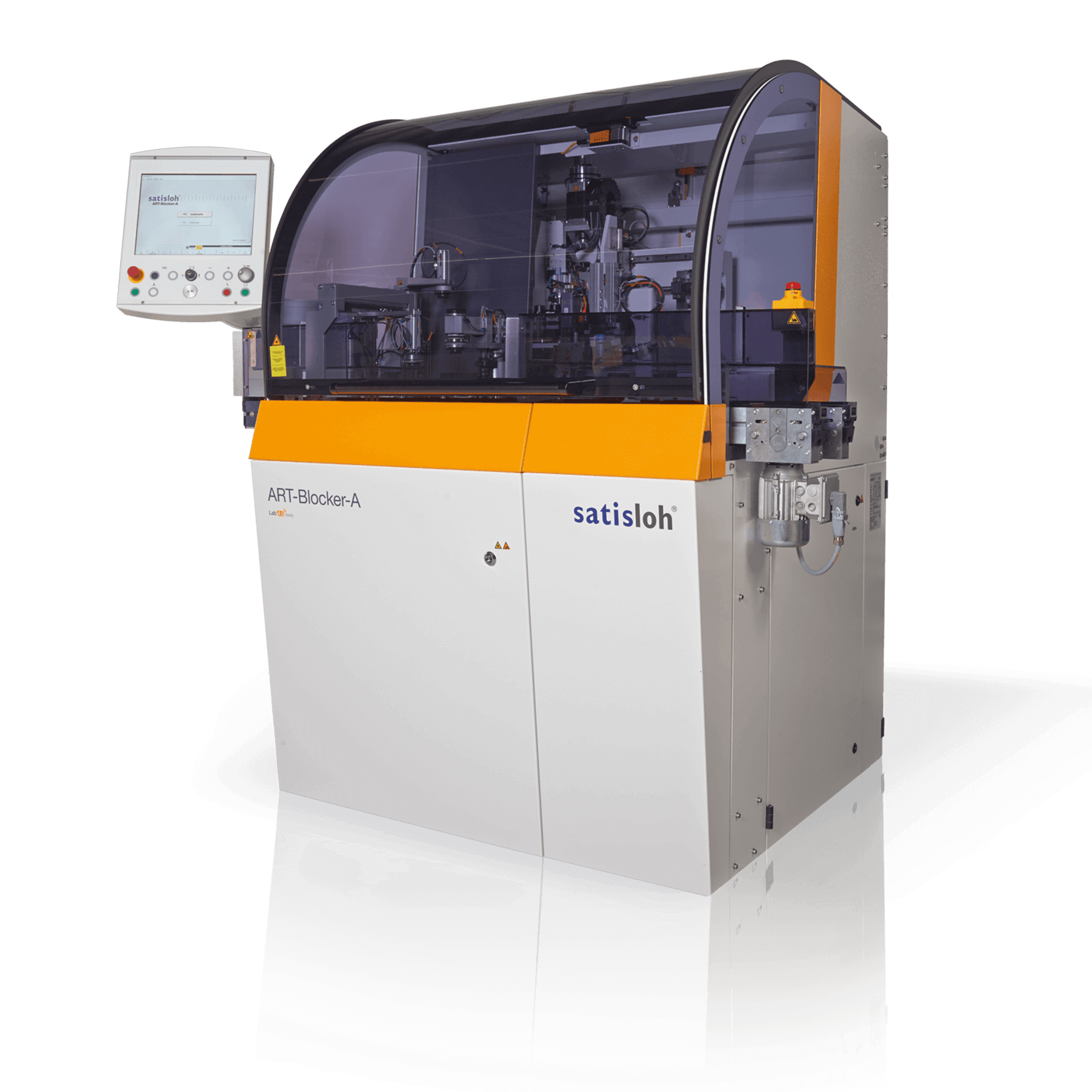 Automated production machine with transparent housing and side control monitor, used for precise manufacturing and assembly processes