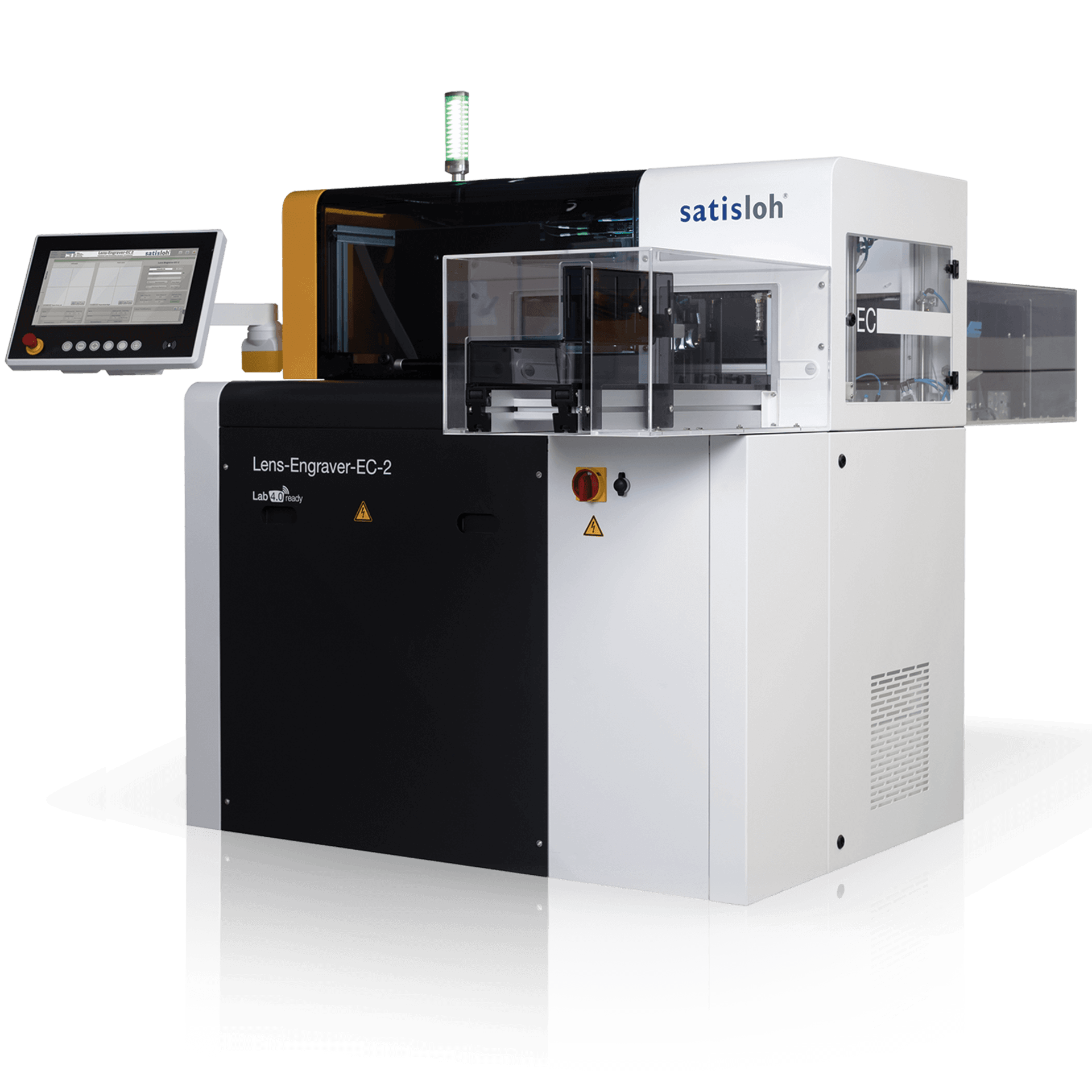 Automated industrial machine with touchscreen monitor and enclosed housing for precision manufacturing.