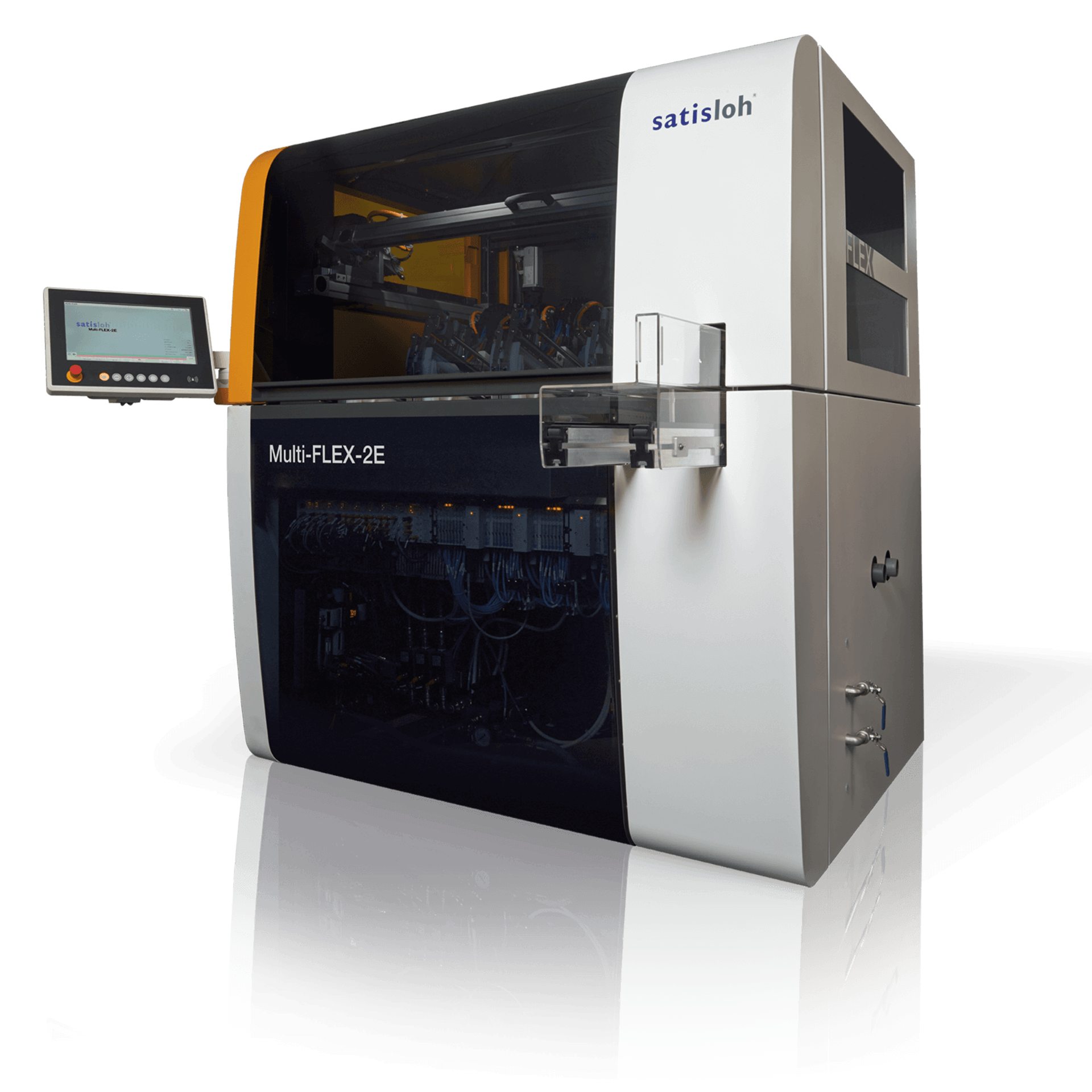 Industrial manufacturing machine with enclosed housing and side touchscreen control panel.