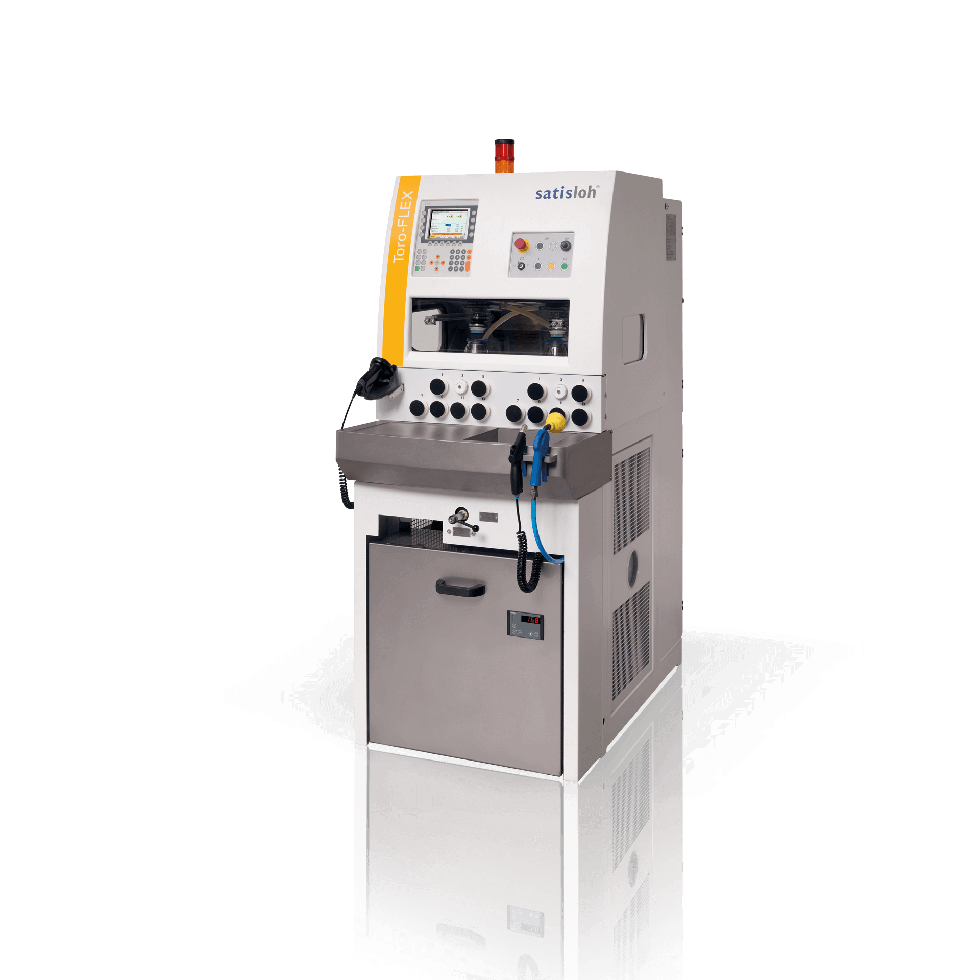 Compact industrial machine with control panel and enclosed working area for lens processing.