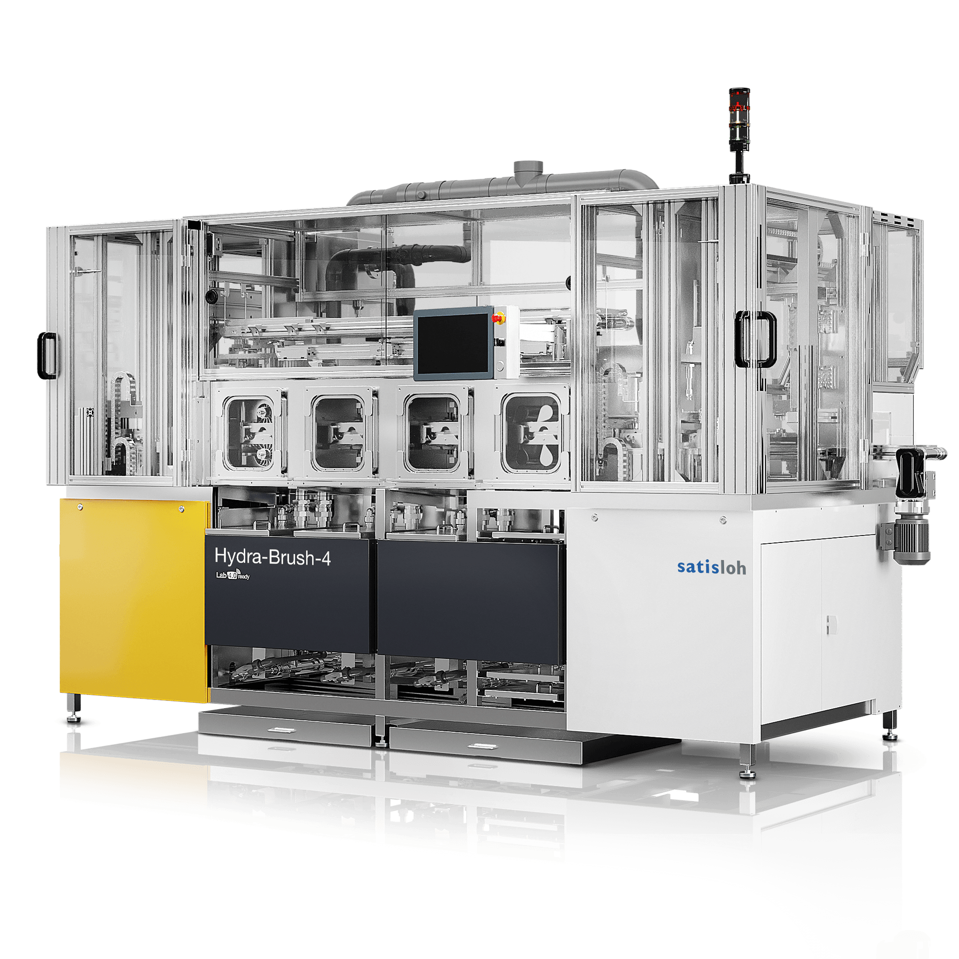 Large automated industrial machine with transparent panels for high-precision manufacturing processes.