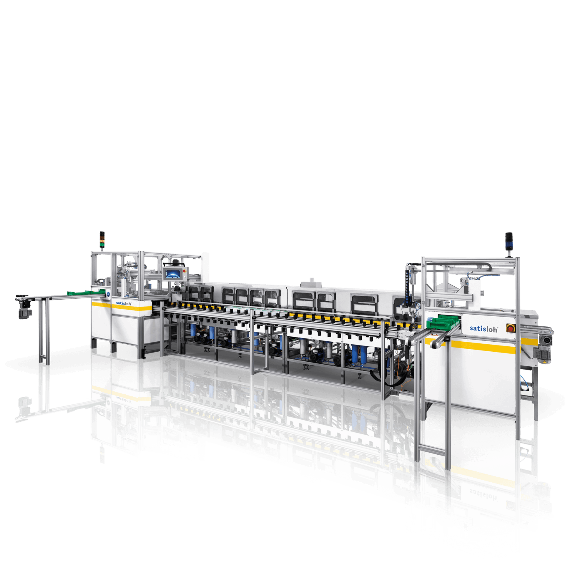 Automated production line machine with modular stations used in semiconductor or electronics manufacturing.