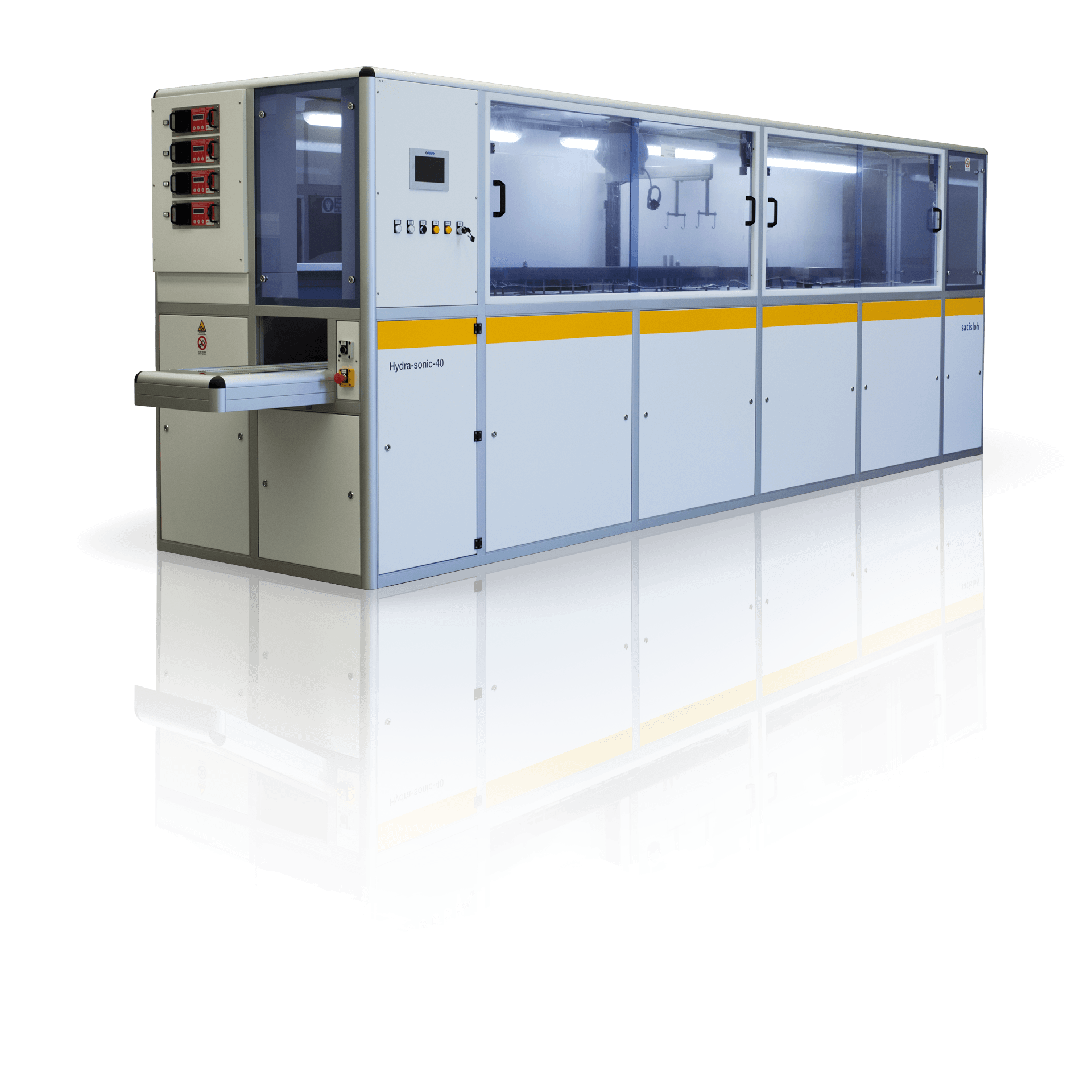 Automated semiconductor production system with multiple enclosed chambers and conveyor entry section.