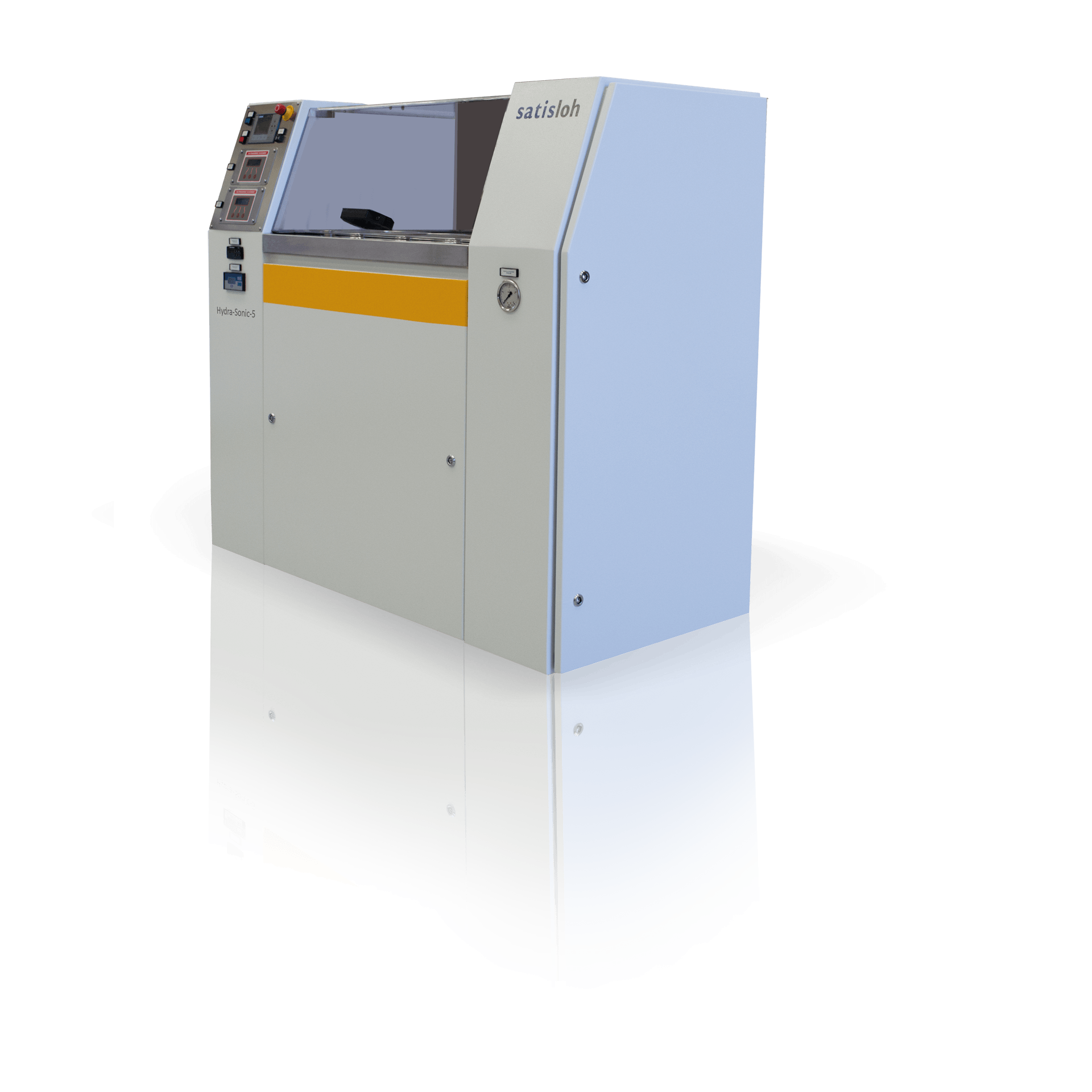 Compact semiconductor processing machine with control panel and enclosed working area.