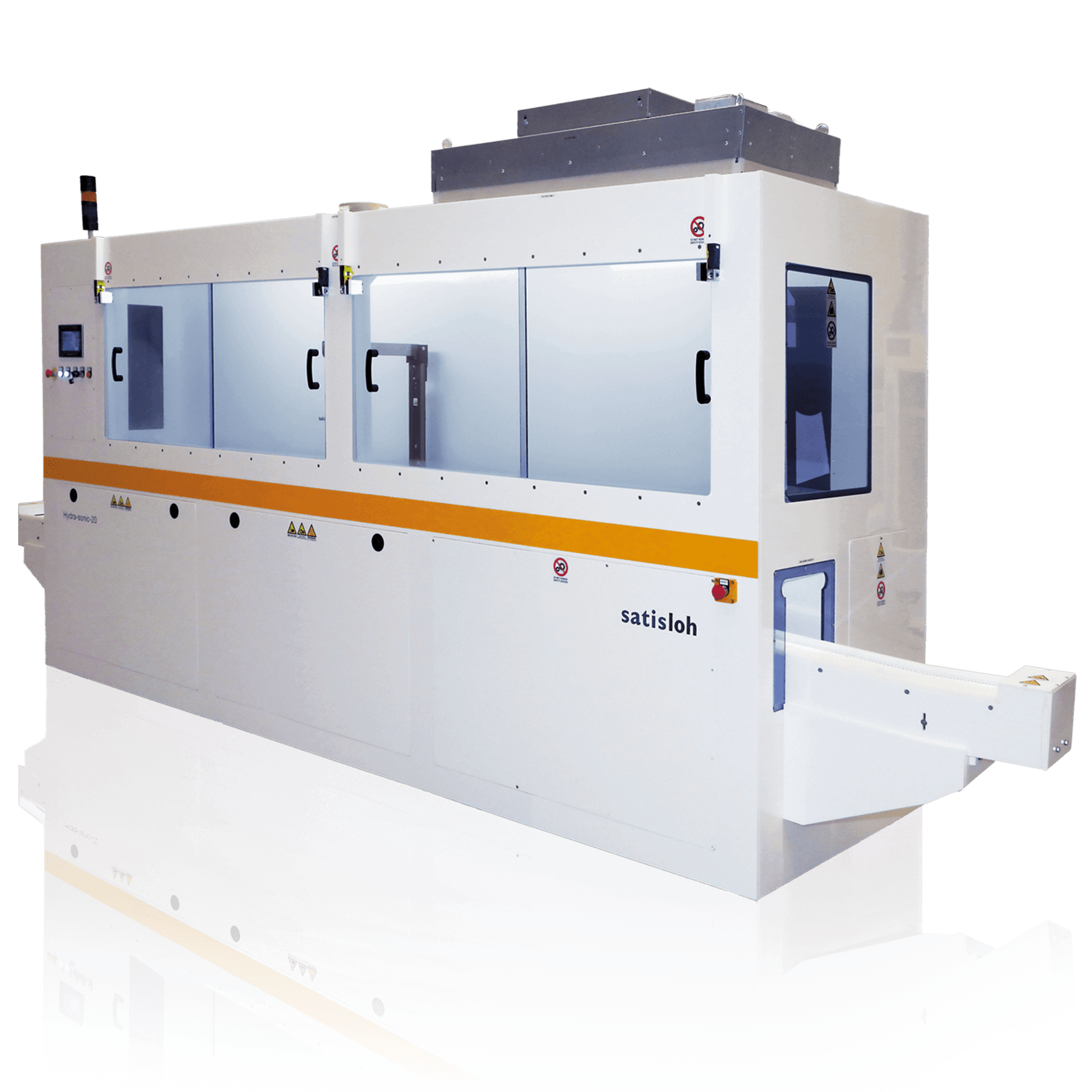 Large automated semiconductor processing system with enclosed chambers and conveyor entry slot.