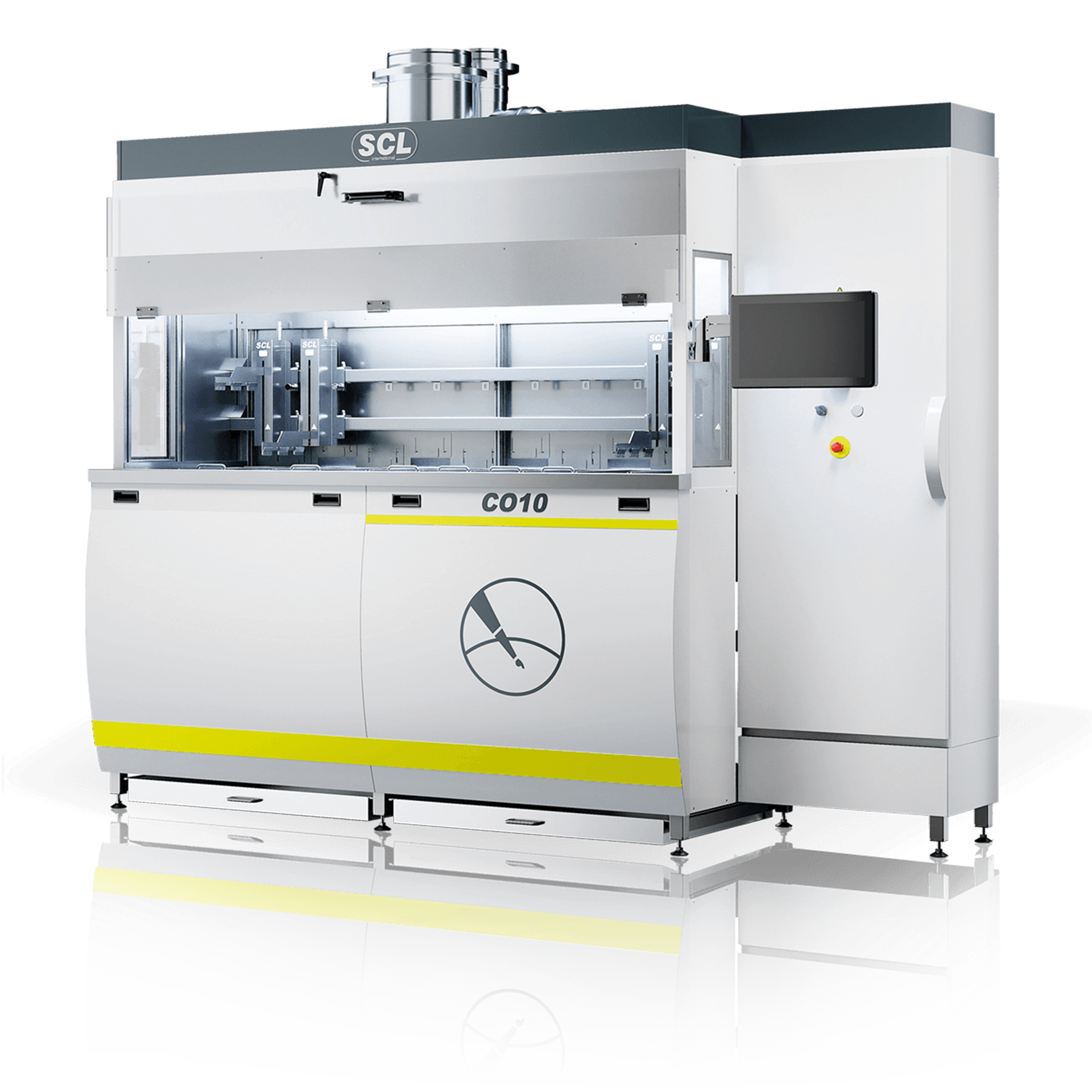 Modern semiconductor processing equipment with enclosed chamber, viewing window, and ventilation system.