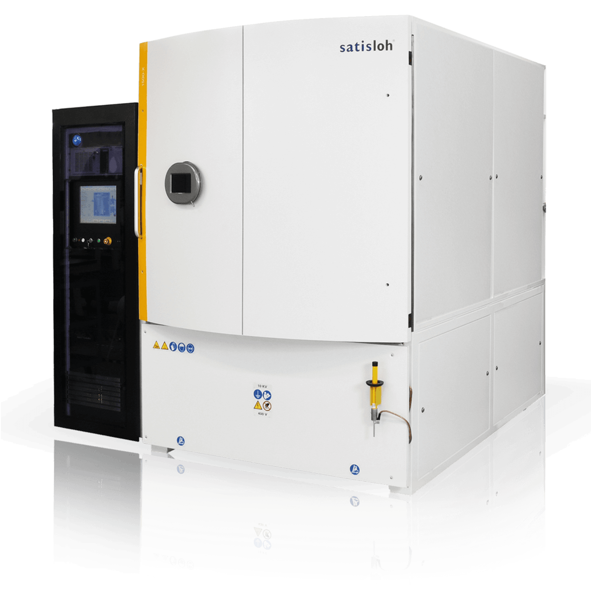 Modern semiconductor processing equipment with enclosed white chamber and black side control panel.