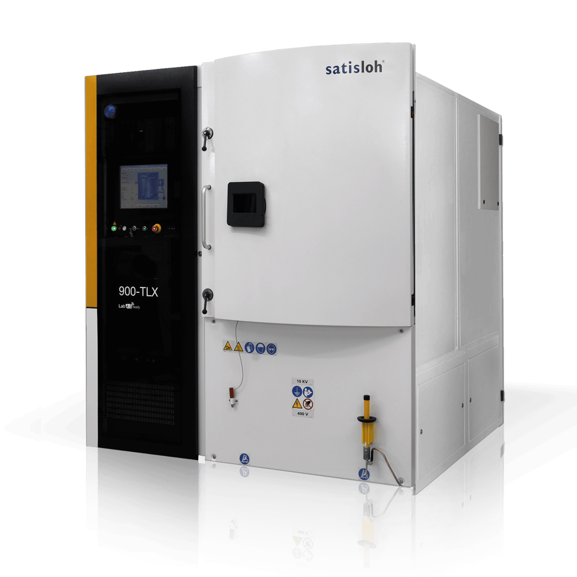 Industrial semiconductor processing machine with enclosed chamber and control panel on the side.