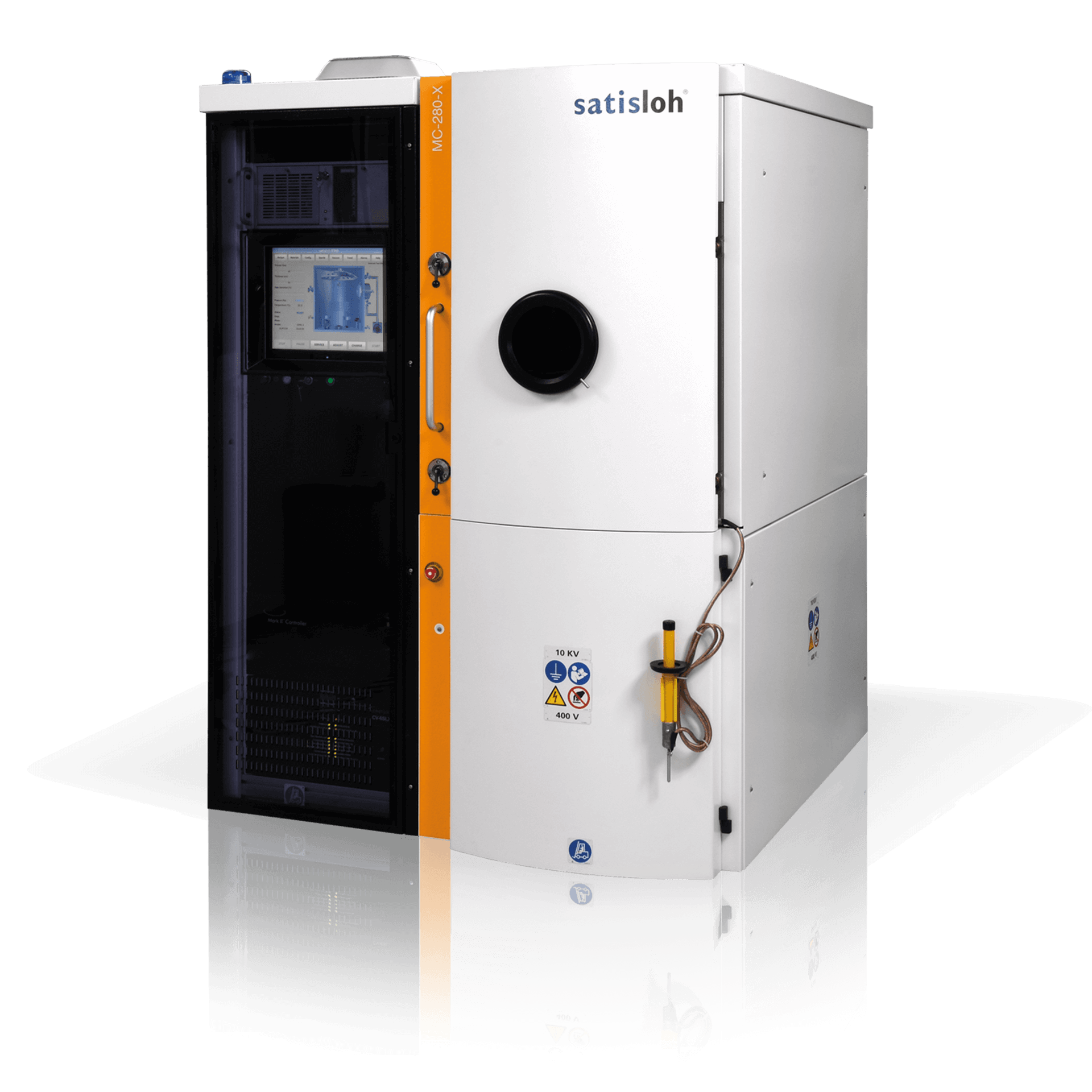 Large industrial coating machine with control panel and access door, used in optical manufacturing.