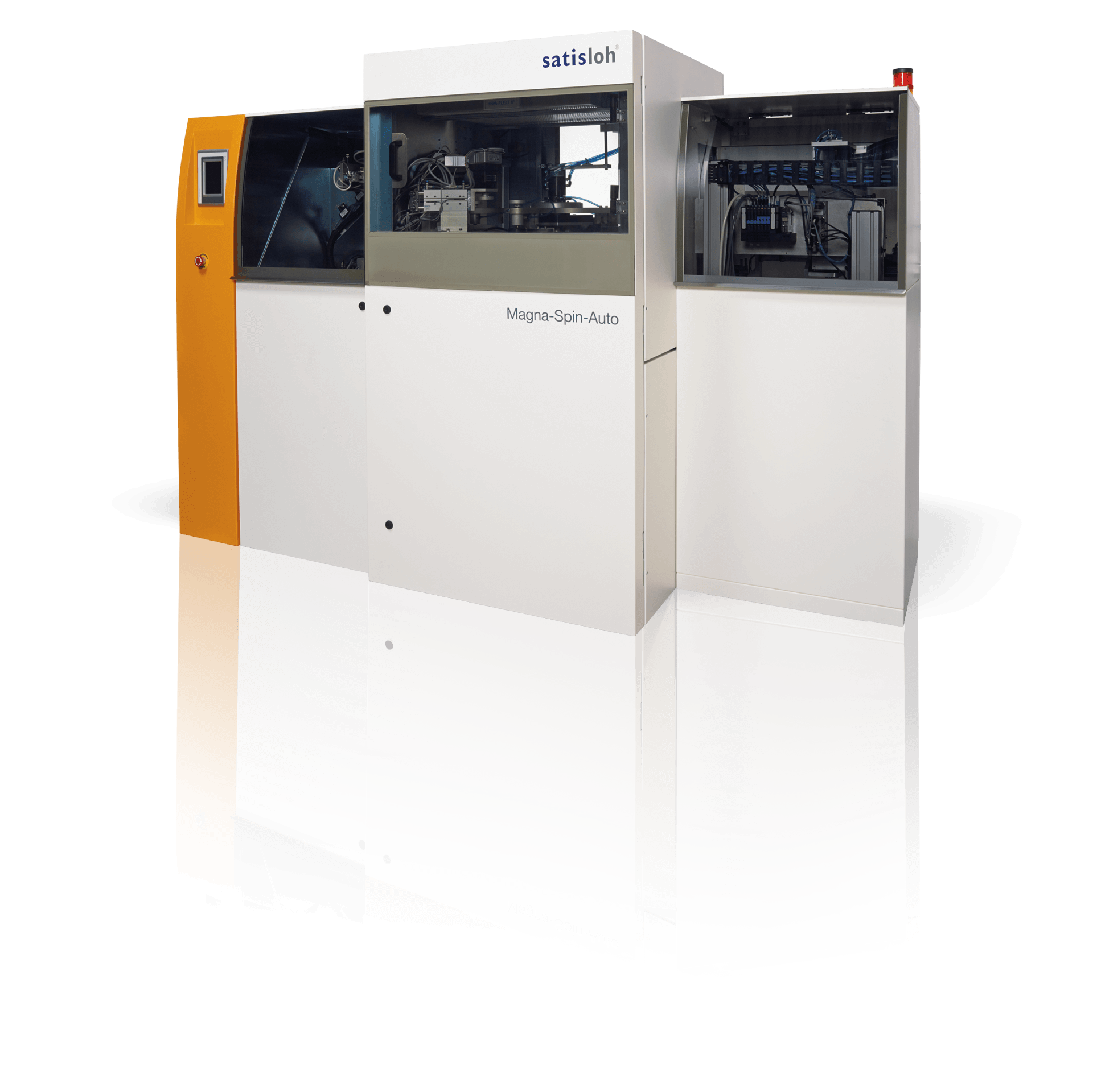 Large industrial machine with dual workstations, used in optical or lens manufacturing.