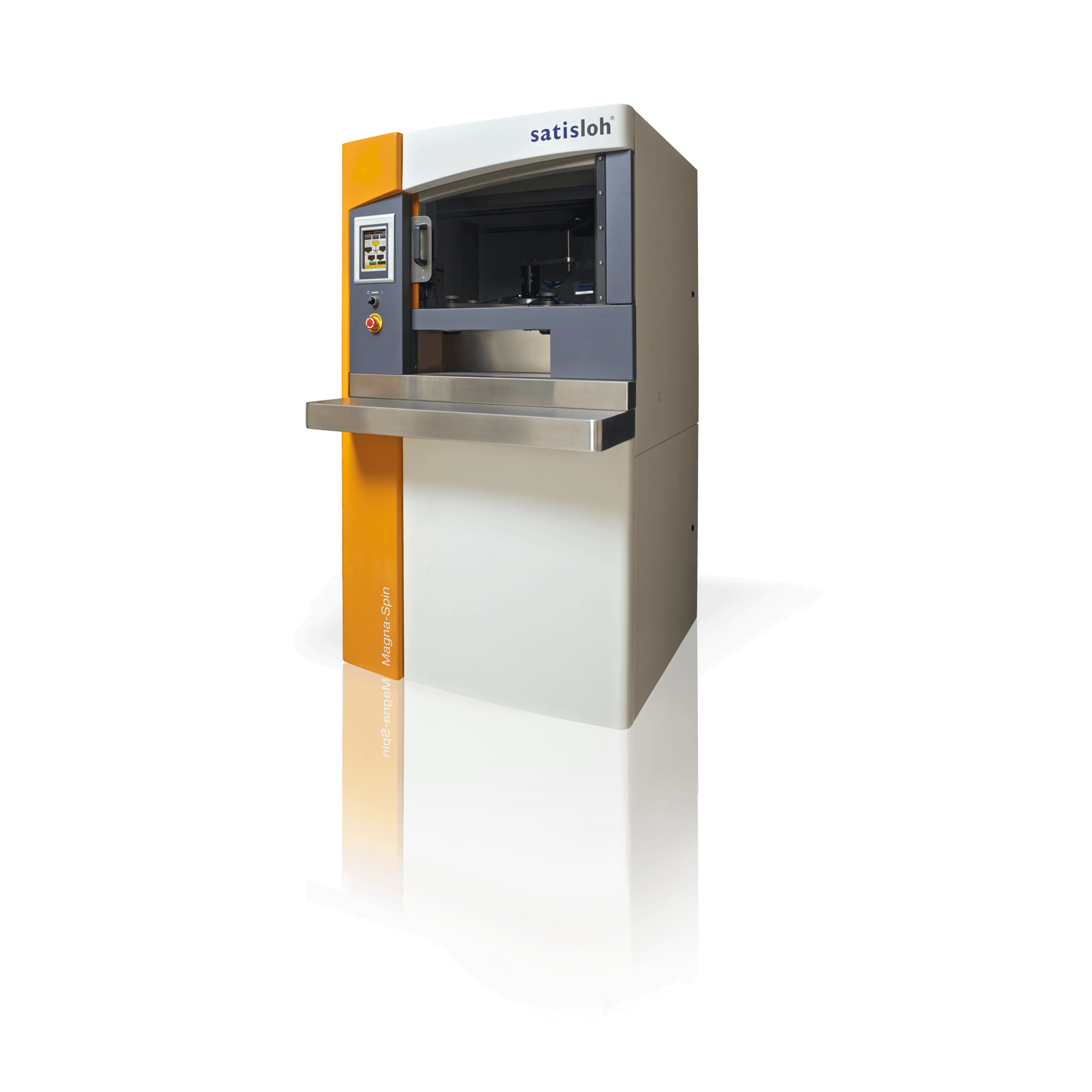 Industrial machine with a display and workspace, used for manufacturing or processing tasks.