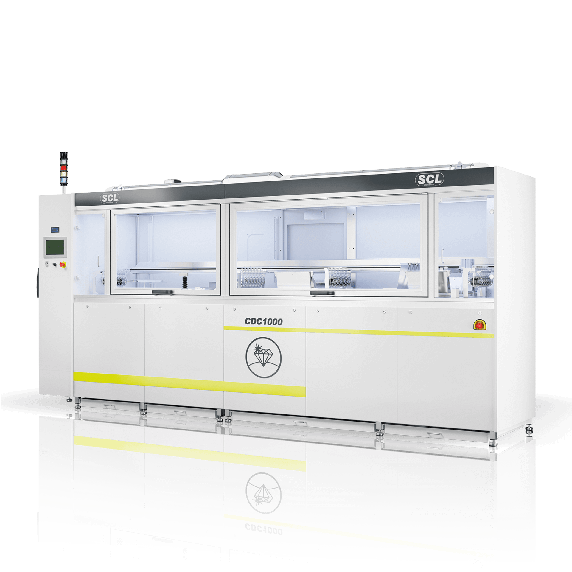 Large automated industrial cleaning system with transparent compartments and control panel for lens processing.