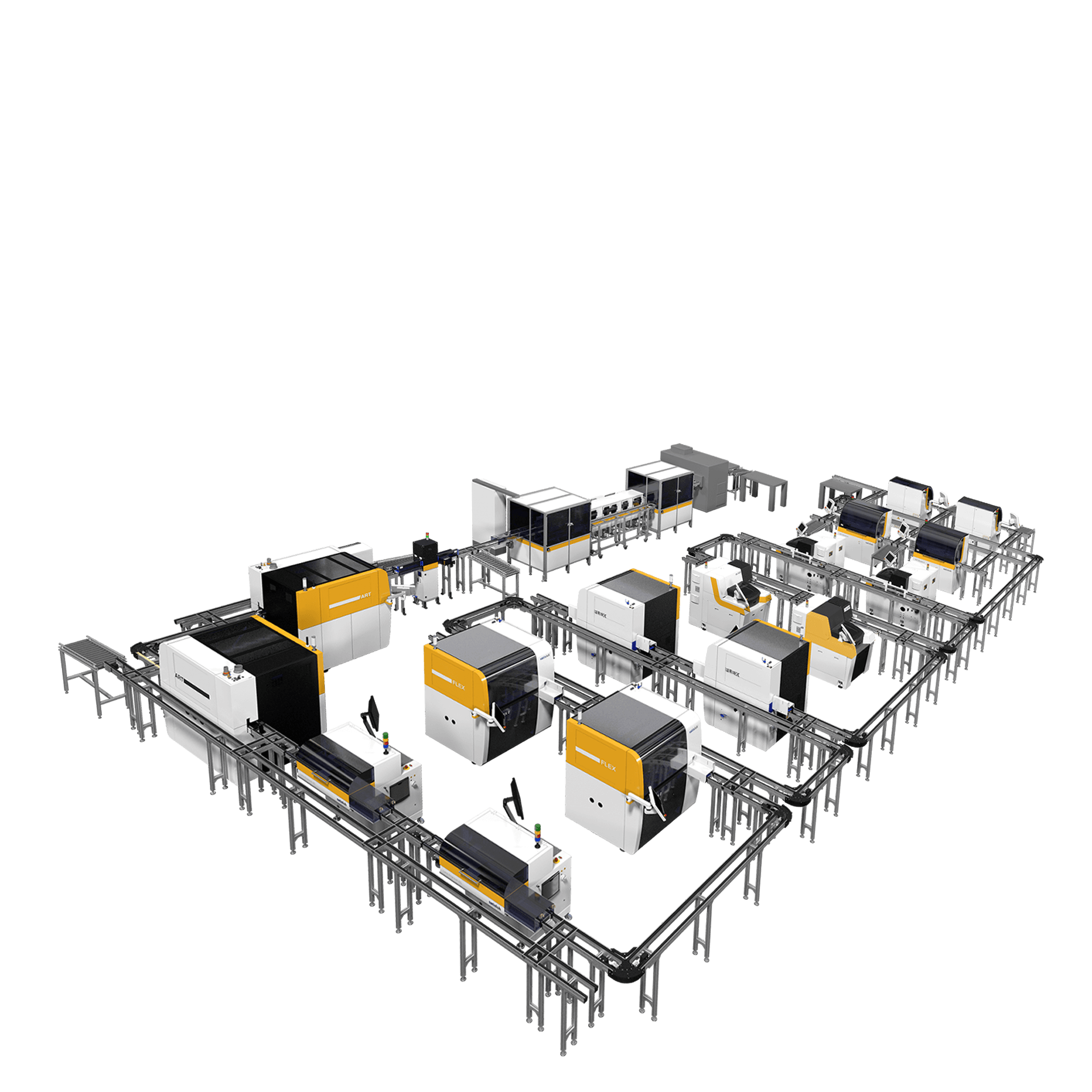 Automated laboratory production line with multiple connected machines and conveyor belts, shown in an isometric view.