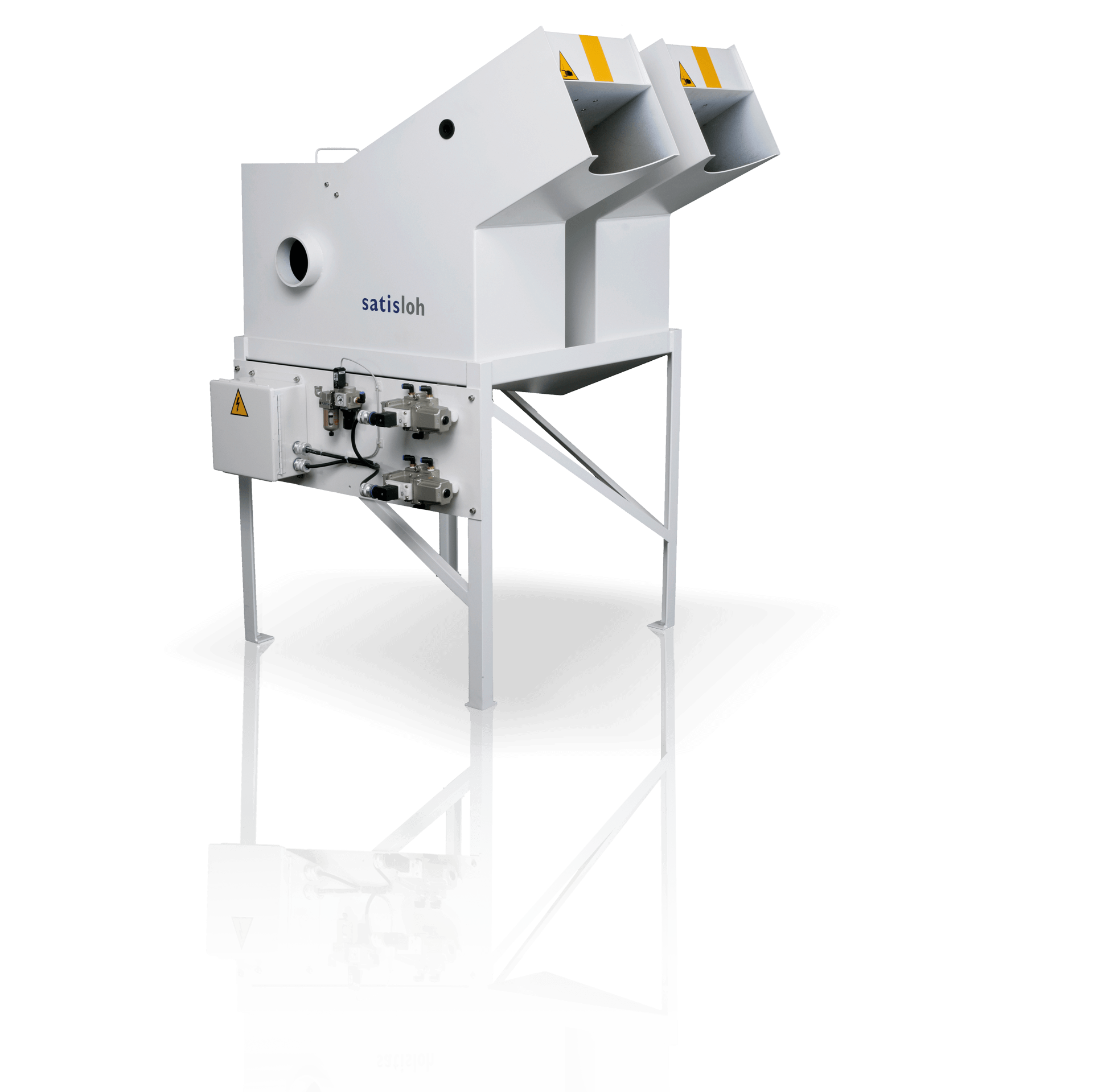 Industrial laboratory unit with two input funnels mounted on a tall metal frame with attached control modules.