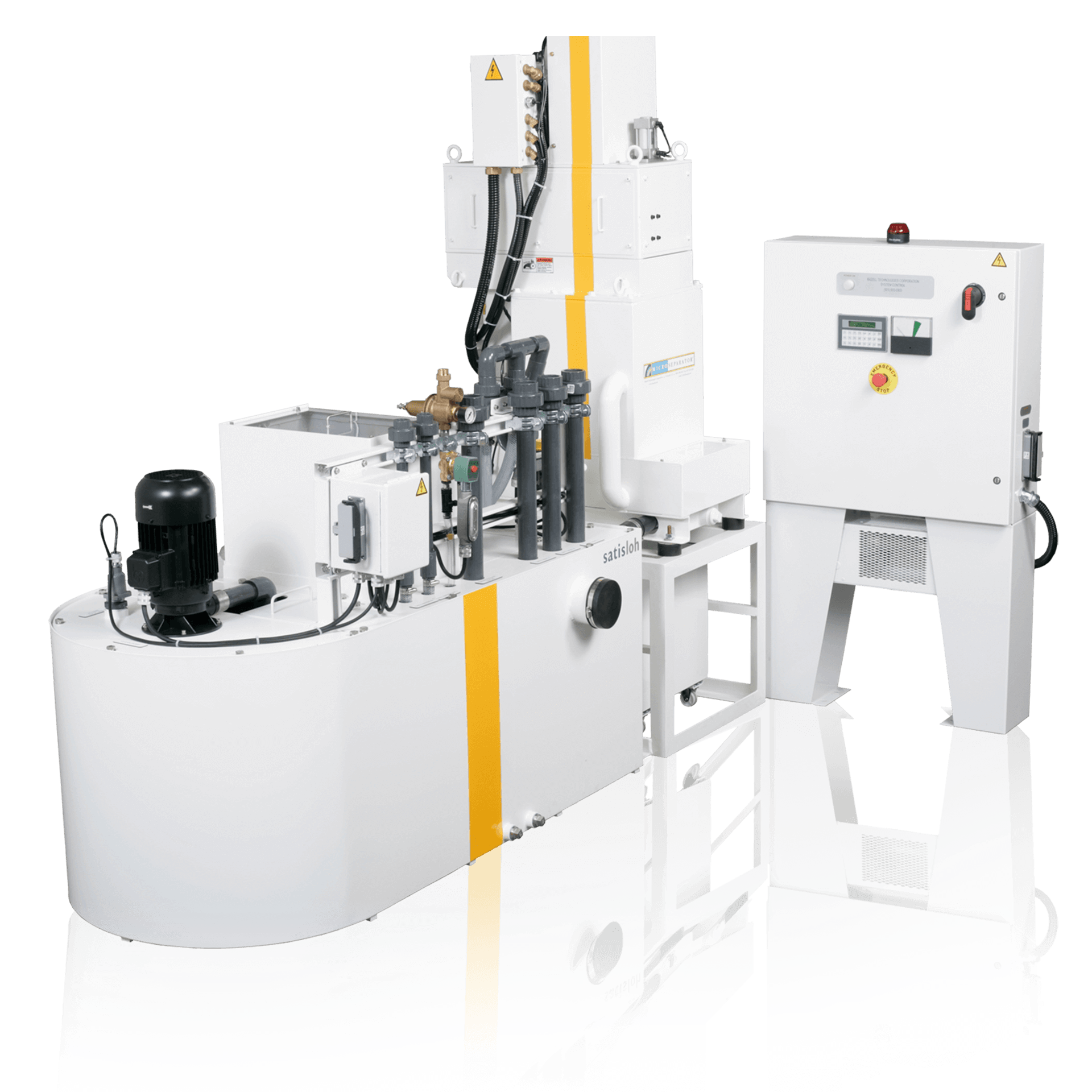 Industrial laboratory system with cylindrical tanks, control components, and a separate cabinet housing on a metal frame.