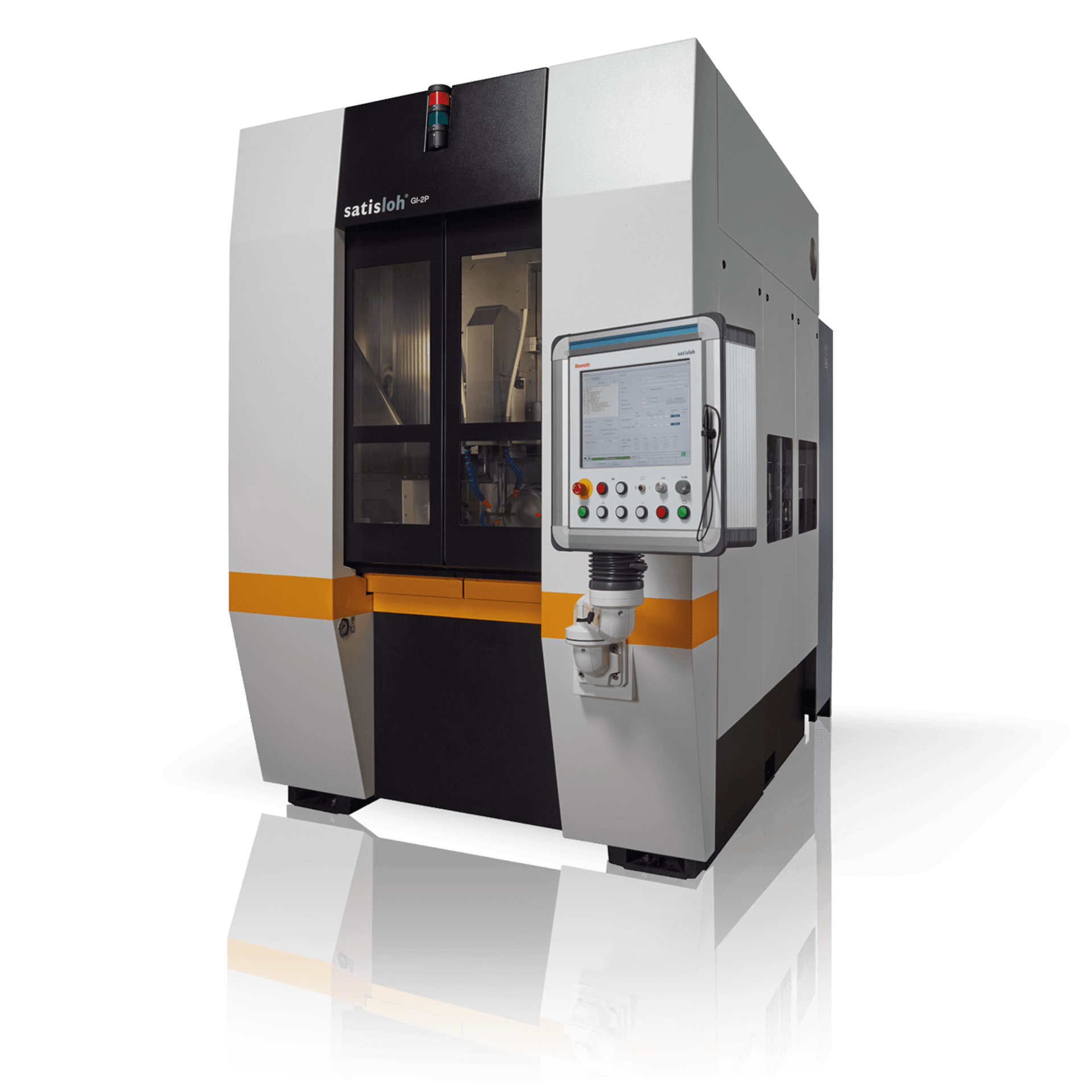 Frontal view of Satisloh GI grinding machine used in precision optics manufacturing.