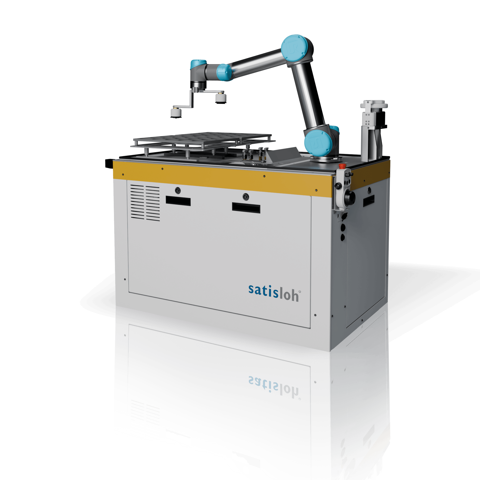 Industrial workstation with robotic arm and control panel